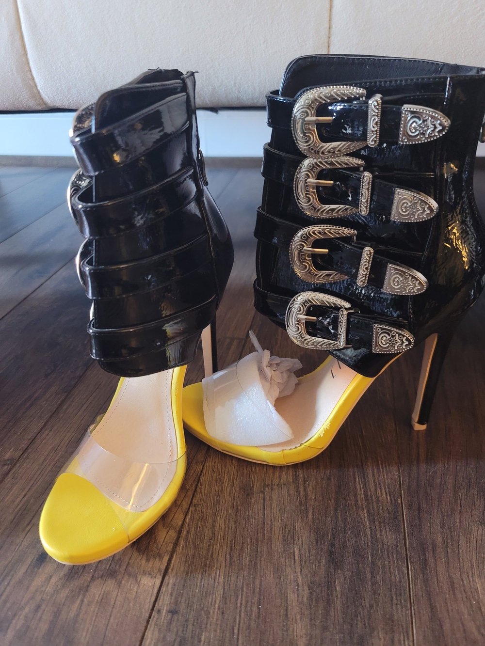 Liliana Black Patent and Yellow Strappy High Heel Sandals with Silver Buckles